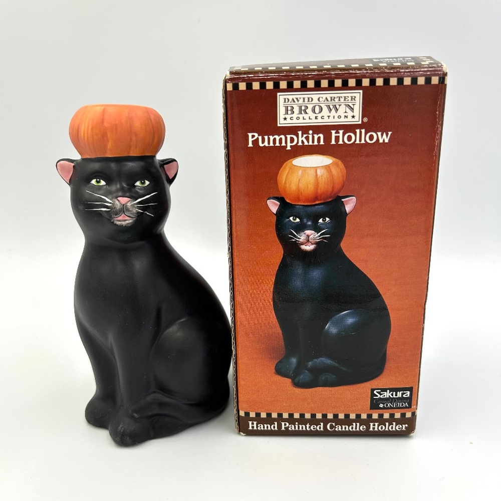 Halloween Black Cat Taper Candle Holder Pumpkin Hollow Oneida Ceramic